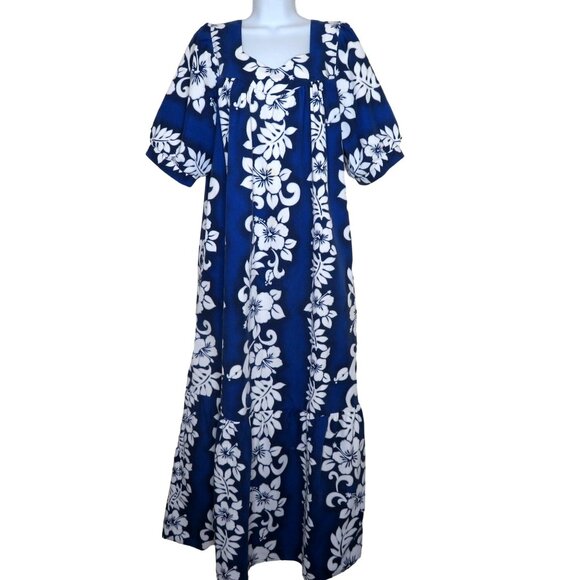 Vintage Hawaiian Maxi Muumuu Aloha Dress Womens L Blue Hibiscus Short Sleeve - Picture 1 of 15